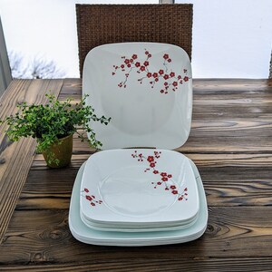 Corelle Vitrelle Hanami Garden Set 12 Piece Set Dinner Plates and Lunch Plates Durable Square Dishes Chip Resistant White and Red Dish Set Etsy