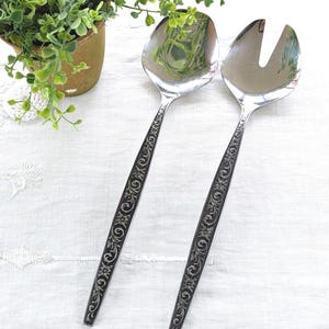 Mid Century Stainless Steel Salad Servers Floral Handle, Vintage Silver Serving Fork Spoon, Stainless Utensils, Long Handle Salad Server