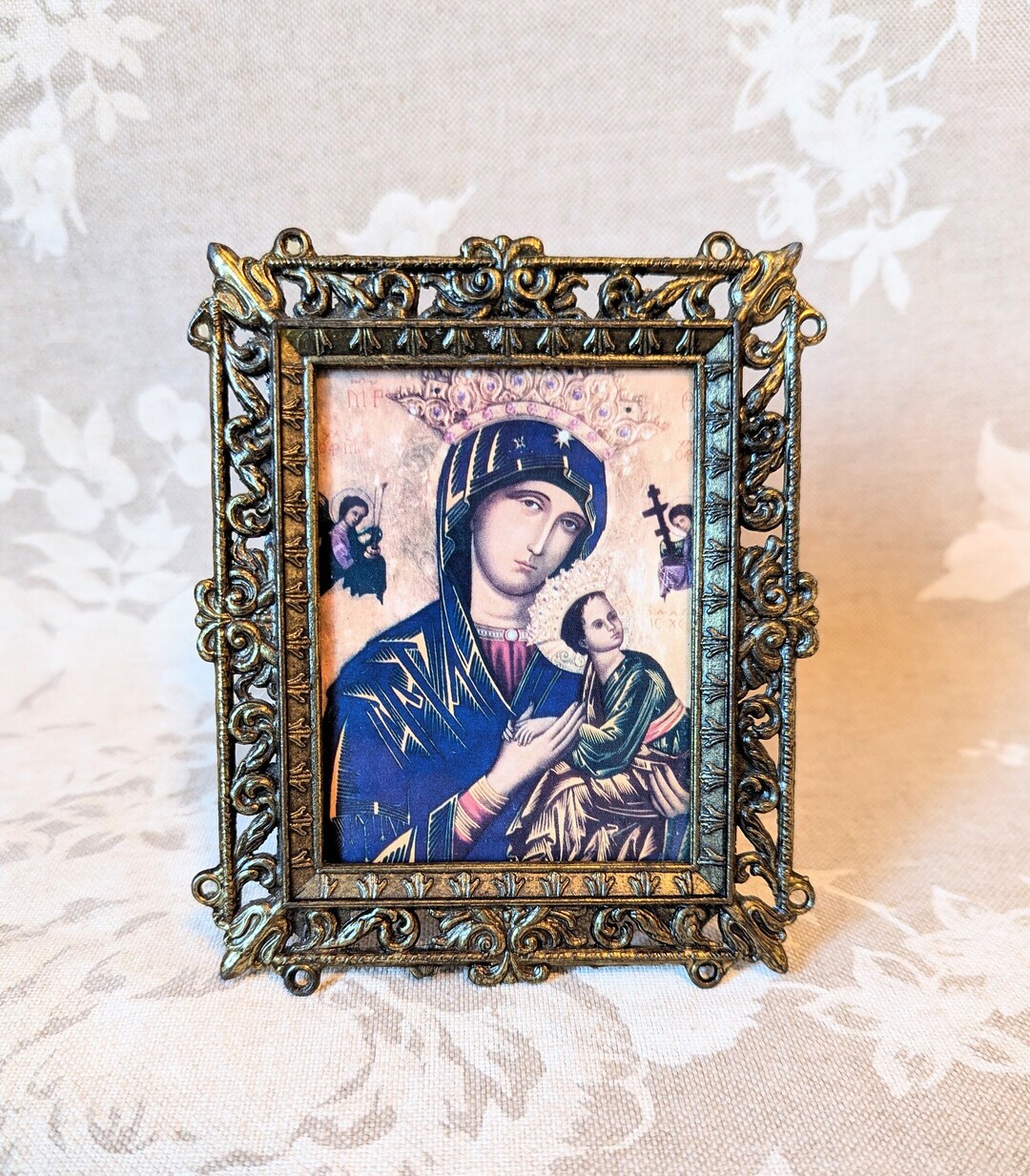 Antique Our Lady of Perpetual Help in Ornate Gold Metal Frame Made in ...
