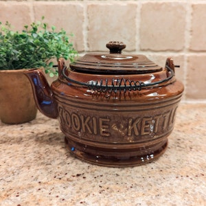 Vintage Stoneware Teapot Kettle with Wire Handle, &quot;Kookie Kettle&quot; Japan, Farmhouse Cookie Jar, Primitive Kitchen, Rustic Shelf Decor