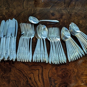 Vintage 49 Piece Flatware Set Complete Service for 8 with Extra Teaspoons, Rogers "Springtime" Silverware Set, Old Silverplate Utensils