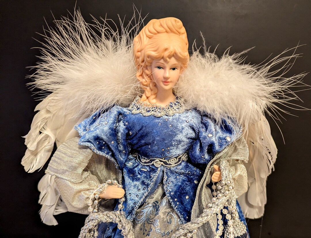 Porcelain Angel Tree Topper Blue and Silver Dress Feather Etsy