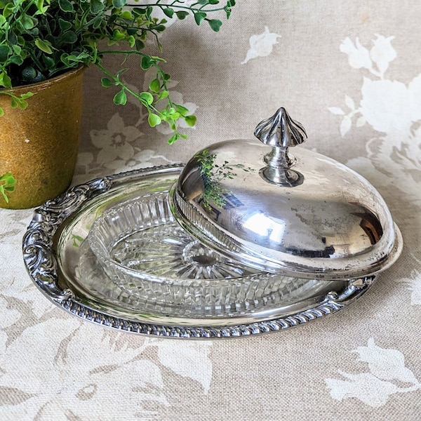 Vintage Oval Silverplate Butter Dish with Glass Insert Elegant Dining Covered Butter Dish Vintage Silver Serving Pieces Fancy Butter Dish