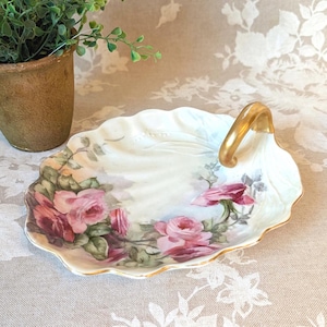 Antique Porcelain Dresser Tray Pink Roses Gold Handle, Victorian Bedroom, Vintage Perfume/Vanity Tray, Shabby Chic Floral Serving Piece