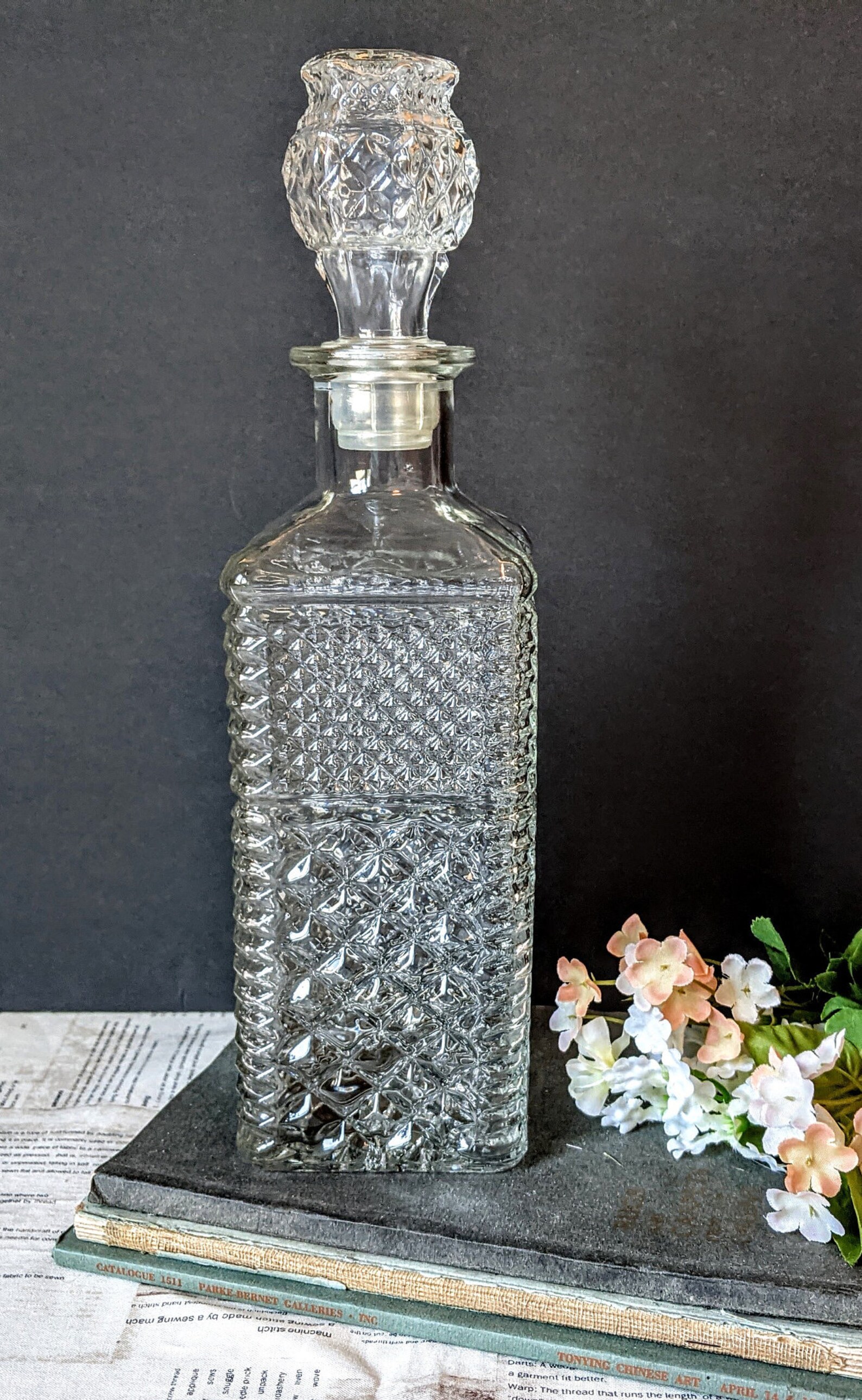 Vintage Decanter for Spirits Diamond Cut Pressed Glass Whiskey Etsy
