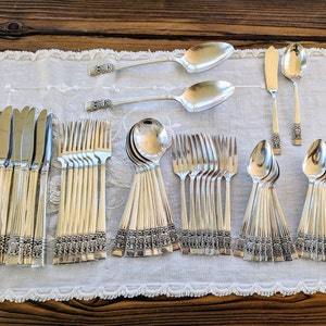 Antique Community Coronation Silverplate Flatware 52 Piece Set Complete Service for 8 with Serving Pieces and Extra Teaspoons Old Silverware