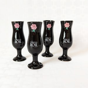 4 Vintage Tequila Rose Pedestal Shot Glasses, Black Bar Glasses with Rose, Tequila Shooters, Collectible Shot Glasses, Bar Cart Items