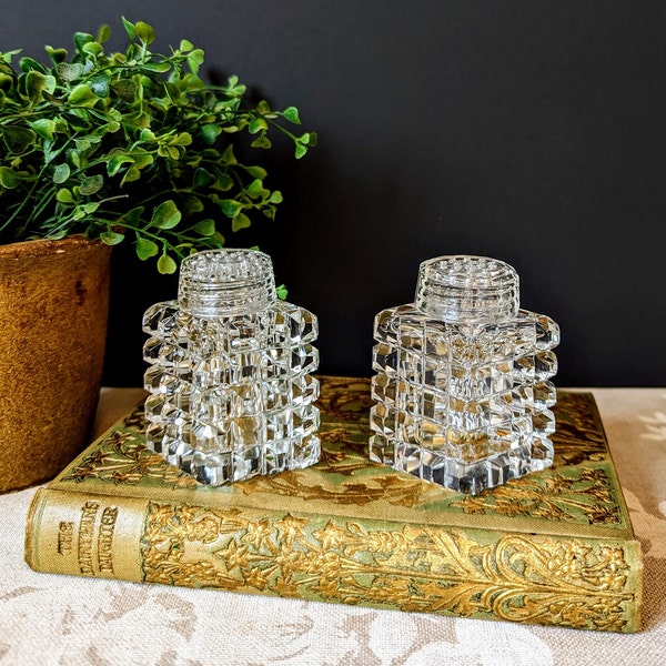 Pair of Vintage Cut Glass Salt and Pepper Shakers with Glass Tops Excellent Condition Elegant Table Decor Fancy Salt and Pepper Shakers