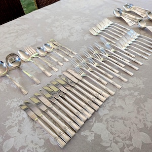 May include: A large collection of silver-toned flatware arranged in rows, including dinner knives, forks, spoons, and a ladle. Each piece features a polished finish and a decorative embossed pattern on the handle, creating a uniform set.