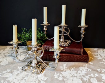 Pair of Vintage Silver Plate 3 Arm Candelabras Wedding Candelabra Centerpiece Church Candle Holder Elegant Buffet Table Candelabra Silver