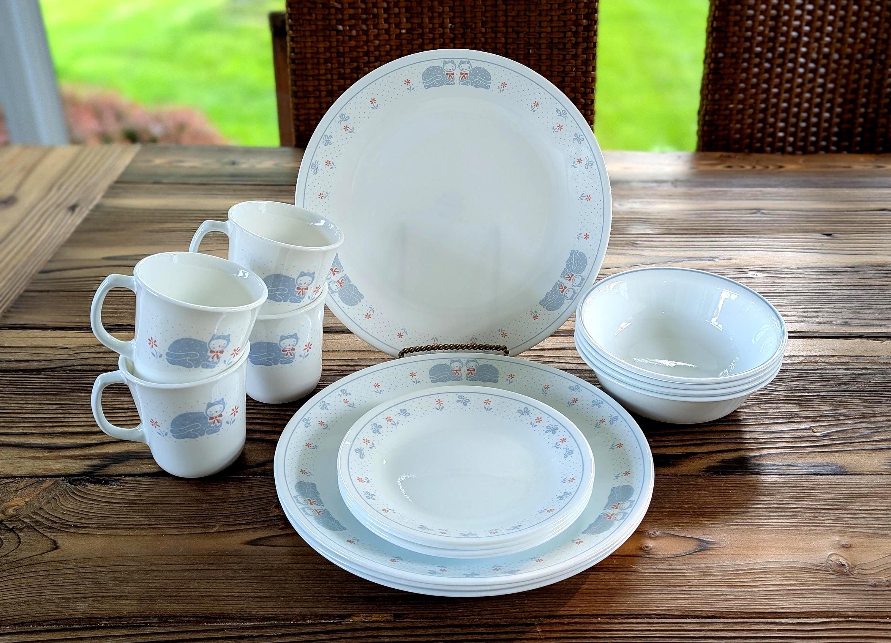 Vintage Corelle Country Pride Blue Cat 16 Piece Dish Set Excellent