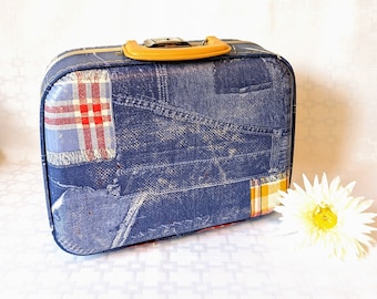 Vintage Denim Plaid Hard Sided Suitcase Small Retro Blue Jean Patchwork Suitcase for Kids Vintage Kids Room Decor, Kids Suitcase for Storage