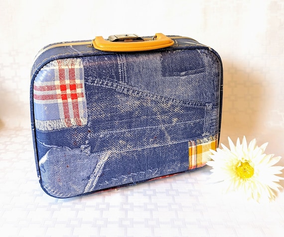 Vintage Denim Plaid Hard Sided Suitcase Small Ret… - image 1