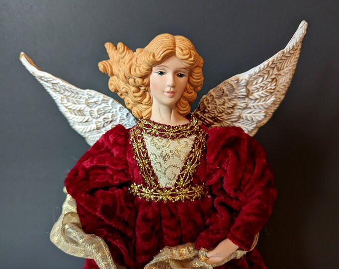 Vintage Angel Tree Topper Red Velvet Dress Christmas Angel Etsy