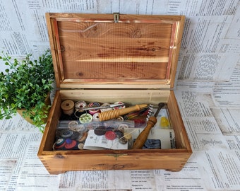 Cedar Wood Box with Vintage Sewing Notions, Craft Storage, Wooden Thread Spools & Notions, Wood Sewing Box with Brass Latch, Gift for Sewers