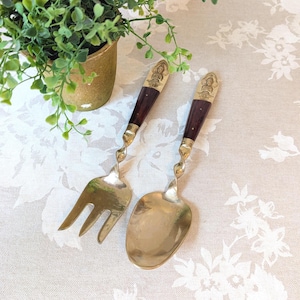 Vintage Buddha of Siam Twisted Bronze and Teak Wood Large Serving Spoon & Fork, Mid Century Serving Utensils Thailand, Exotic Table Decor