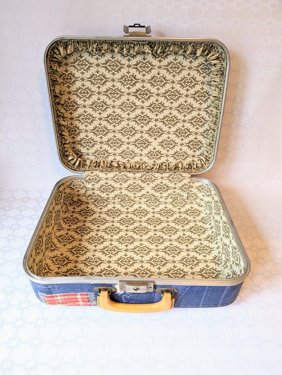 Vintage Denim Plaid Hard Sided Suitcase, Retro Bl… - image 2
