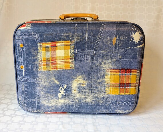 Vintage Denim Plaid Hard Sided Suitcase, Retro Bl… - image 6