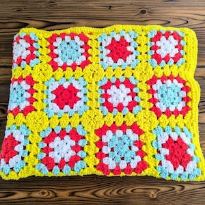 Vintage Crochet Granny Square Throw Blanket Bright Colors, Yellow Pink Blue Handmade Couch Throw, Hand Knit Blanket Colorful Bedroom Decor
