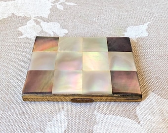 Vintage Elgin American Mother of Pearl Compact with Inner Powder Door, 1950s Checkerboard MOP Carryall Vanity Mirror, Hollywood Glam Decor