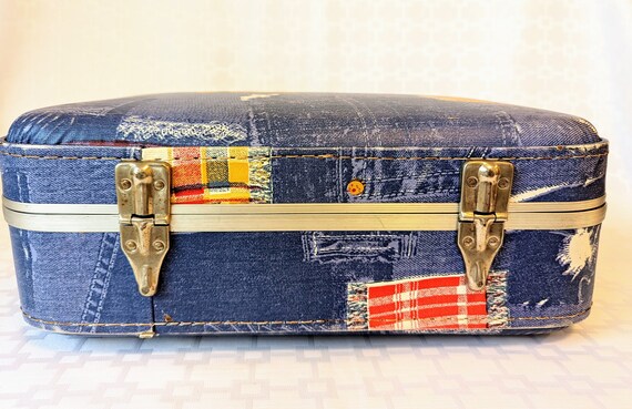 Vintage Denim Plaid Hard Sided Suitcase, Retro Bl… - image 4