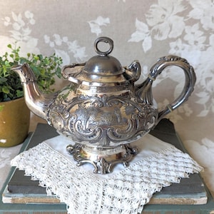 Antique Meriden B. Company Quadruple Plate Silver Teapot, Unpolished Silverplate Teapot Ornate Design, Vintage Tarnished Silver Display