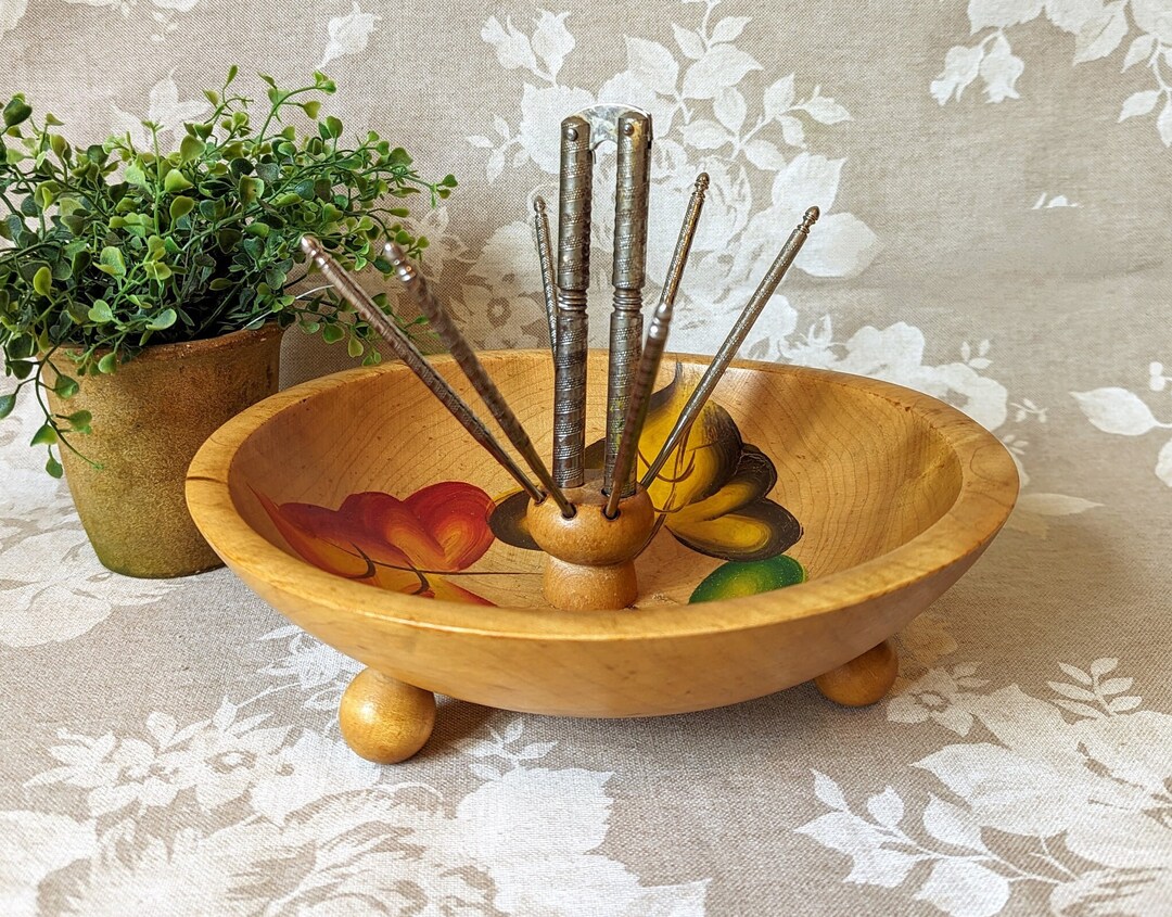 Vintage Wooden Nut Bowl Set With Nut Cracker and 6 Metal Etsy