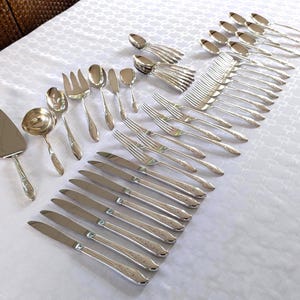 Vintage Rogers Springtime Silverware Set: 52-Piece Complete Service for 8 with Serving Pieces, Silverplate Flatware Set, Mid Century Dining