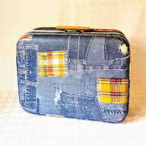 Vintage Denim Plaid Hard Sided Suitcase, Retro Blue Jean Patchwork Suitcase for Kids, Vintage Kids Room Decor, Kids Suitcase for Storage