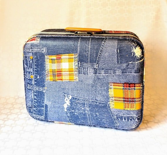 Vintage Denim Plaid Hard Sided Suitcase, Retro Bl… - image 1