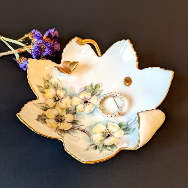 Vintage Porcelain Trinket Dish White Porcelain Jewelry Holder Yellow Flowers Gold Accents Vintage Dresser/Vanity Tray Gold Butterfly