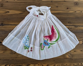 Vintage Half Apron Sheer White with Fruit Applique Cocktail Hostess Apron New Bride Gift Bridal Shower Gift Waist Apron White Red Blue