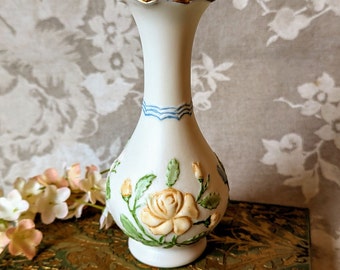 Vintage Porcelain Bud Vase with Embossed Flowers and Ruffle Edge, Flower Vase Vintage, Painted Porcelain Vase for Flowers Shabby Chic Decor