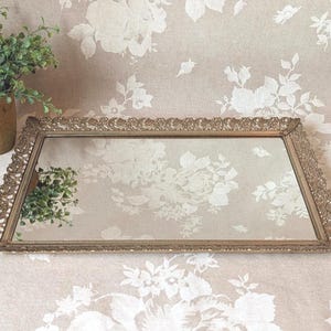 May include: A rectangular, antique-style vanity mirror with an ornate, gold-colored frame. The mirror reflects a small potted plant and greenery. The frame has a detailed, decorative edge. The mirror is set against a floral patterned background.