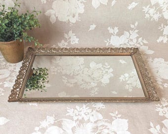 Vintage Mirrored Vanity Tray Gold Filigree with Removable Easel Back, Vintage Perfume Tray, Gold Metal Dresser Tray, Table Mirror