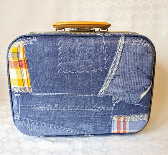 Vintage Denim Plaid Hard Sided Suitcase Small Ret… - image 3