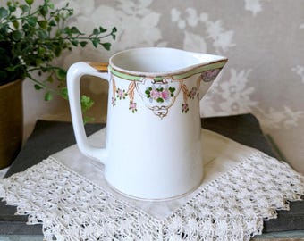 Antique Hand Painted Nippon Porcelain Creamer Pitcher, Green and Gold Floral Mini Pitcher Vase, Nippon Creamer Pink Roses, Shabby Chic Decor