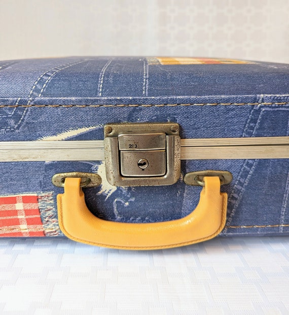 Vintage Denim Plaid Hard Sided Suitcase, Retro Bl… - image 3