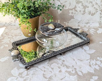 Vintage Mirrored Vanity Tray and Glass Potpourri Jar Set, Pewter Silver Metal Bow and Faux Pearl Trim, Hollywood Regency Dresser Decor