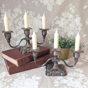 Pair Vintage Poole Silverplate Candelabra, 3 Light Candle Holders Floral Scroll, Rococo Table Centerpiece, Wedding Decor Buffet Table Candle