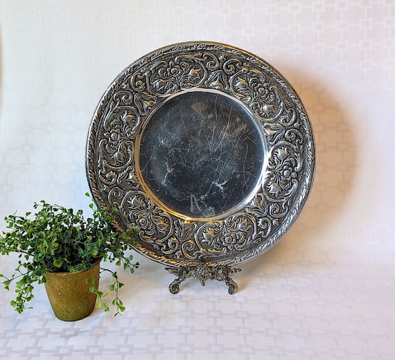 Vintage Wilton Armetale Pewter Tray, Floral Rim, Oven Safe Platter
