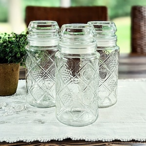 3 Vintage Lidded Glass Smuckers Jars Set of 3 Embossed Canister Jar Kitchen Storage Farmhouse Kitchen Glass Candy and Craft Storage Jars