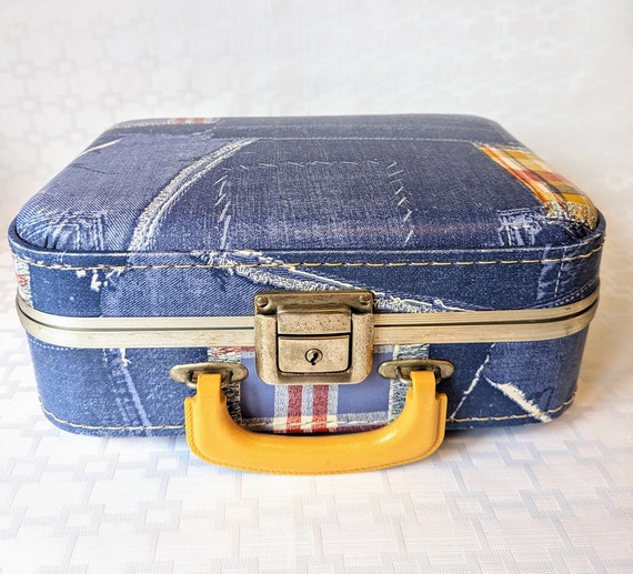 Vintage Denim Plaid Hard Sided Suitcase Small Ret… - image 5