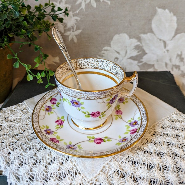 Vintage Phoenix Bone China Demitasse Cup and Saucer with Spoon, Pink and Gold Espresso Cup, Small Coffee Cups Floral Demitasse Set Vintage