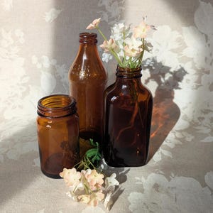 Set of 3 Antique Amber Glass Bottles, Certo Up-Side-Down Bottle, Kruschen Salts Bottle, Old Apothecary Jar, Vintage Medicine Bottle Vases