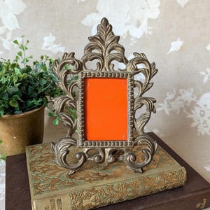 May include: A vertical rectangular picture frame with an ornate, metallic bronze-toned border featuring intricate scrollwork and leaf-like patterns. The center of the frame contains a solid, bright orange rectangular insert.