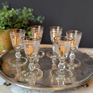 Set of 6 Vintage Libbey Gold Leaf Cordial Glasses Mid Century Barware Stemmed Bar Cart Glasses Golden Foliage Cordial Stemware Liqueur Glass