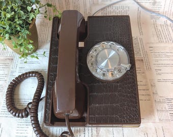 Vintage Brown Rotary Dial Telephone WORKING, Faux Alligator Skin Landline Phone, Retro Office Decor, Executive Desk Telephone