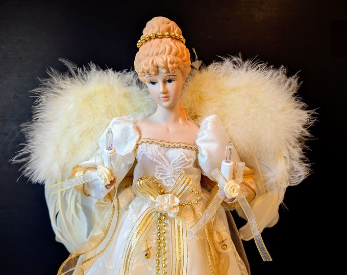 Vintage Porcelain Angel Tree Topper With Lights Feather Wings
