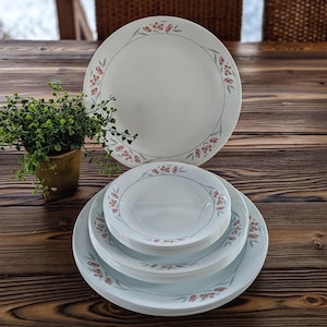 Vintage Corelle 18 Piece Dish Set Corelle Silk Blossom Dinner Lunch Side Plates with Pink Flowers Country Kitchen Retired Corelle Dinnerware